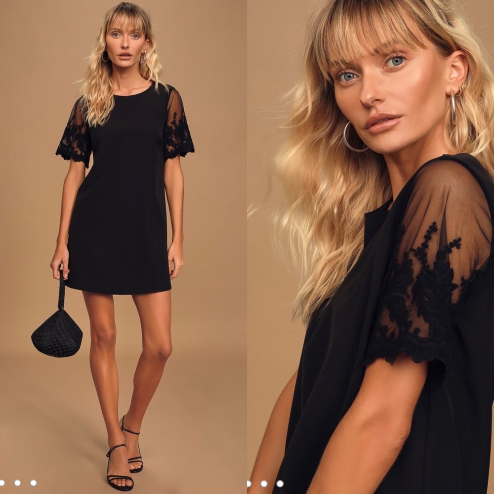 Lulus Black Embroidered Short Sleeve Shift Dress, Size Small (fits like medium)